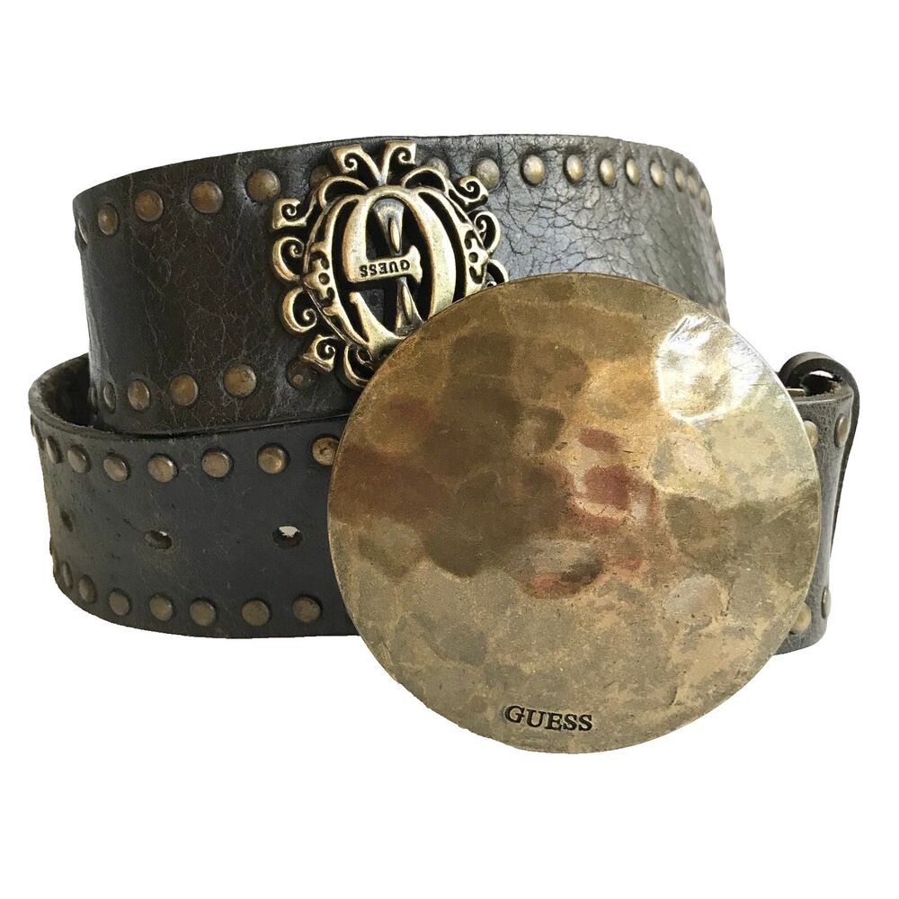 Vintage Guess Brown Leather Belt Studded Grunge Riveted Womens Bronze Size S/M